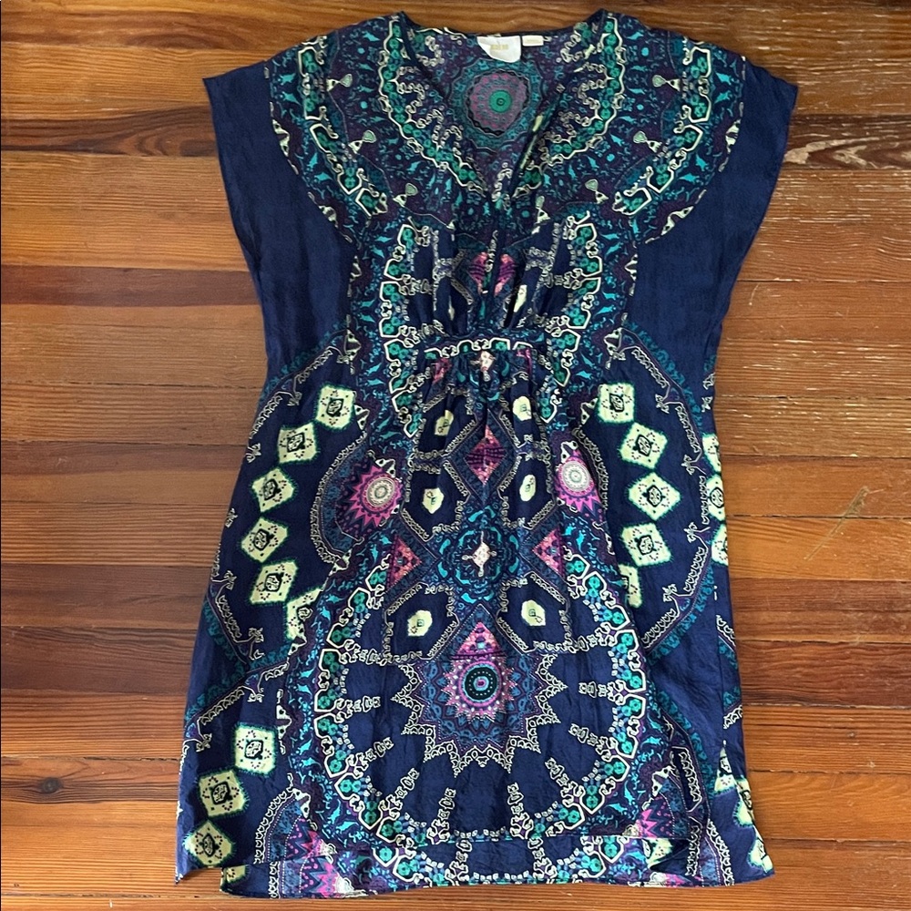 Maeve Navy Mini Dress with Teal, Purple & Mint Medallion Print